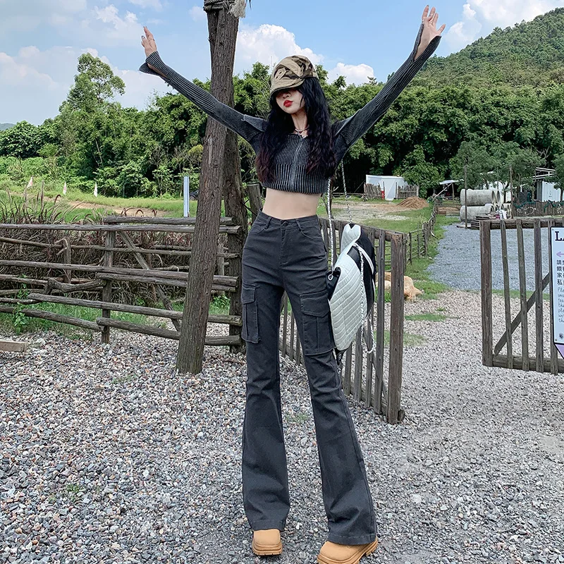 

Брюки-карго в американском стиле с микро-клеш. Женские четырехсезонные новые модные повседневные брюки-подкова в стиле ретро с несколькими карманами и высокой талией