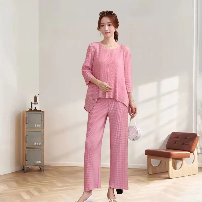 

Комплект плиссированных брюк Miyake, осень 2022, новый повседневный топ с круглым вырезом и штампованным нестандартным верхом, свободные брюки с прямыми штанинами, комплект женской одежды