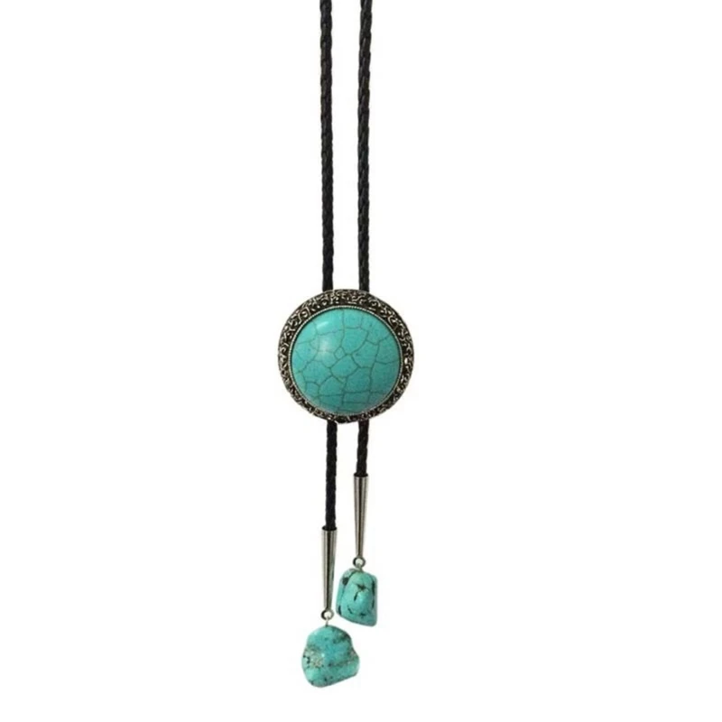 

Mens Bolo Tie Necktie Artificial Leather Braided Rope Necklace with Turquoise Stone Pendant Jewelry Cowboy Neckwear