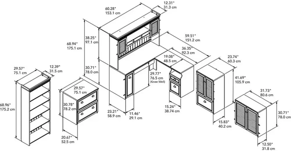 60W L-vormig bureau met hok, boekenkast, opberg- en archiefkasten in antiek wit en thee-ahorn bureau bureaus