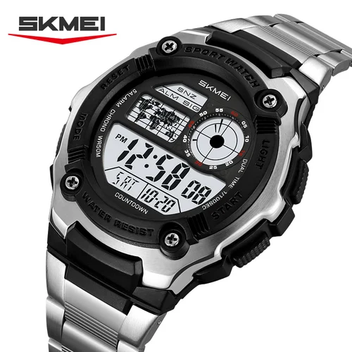 SKMEI 2473 Reloj deportivo para hombre Diseño redondo resistente ABS + Caja de acero inoxidable Correa 50M Funciones de alarma crono impermeables