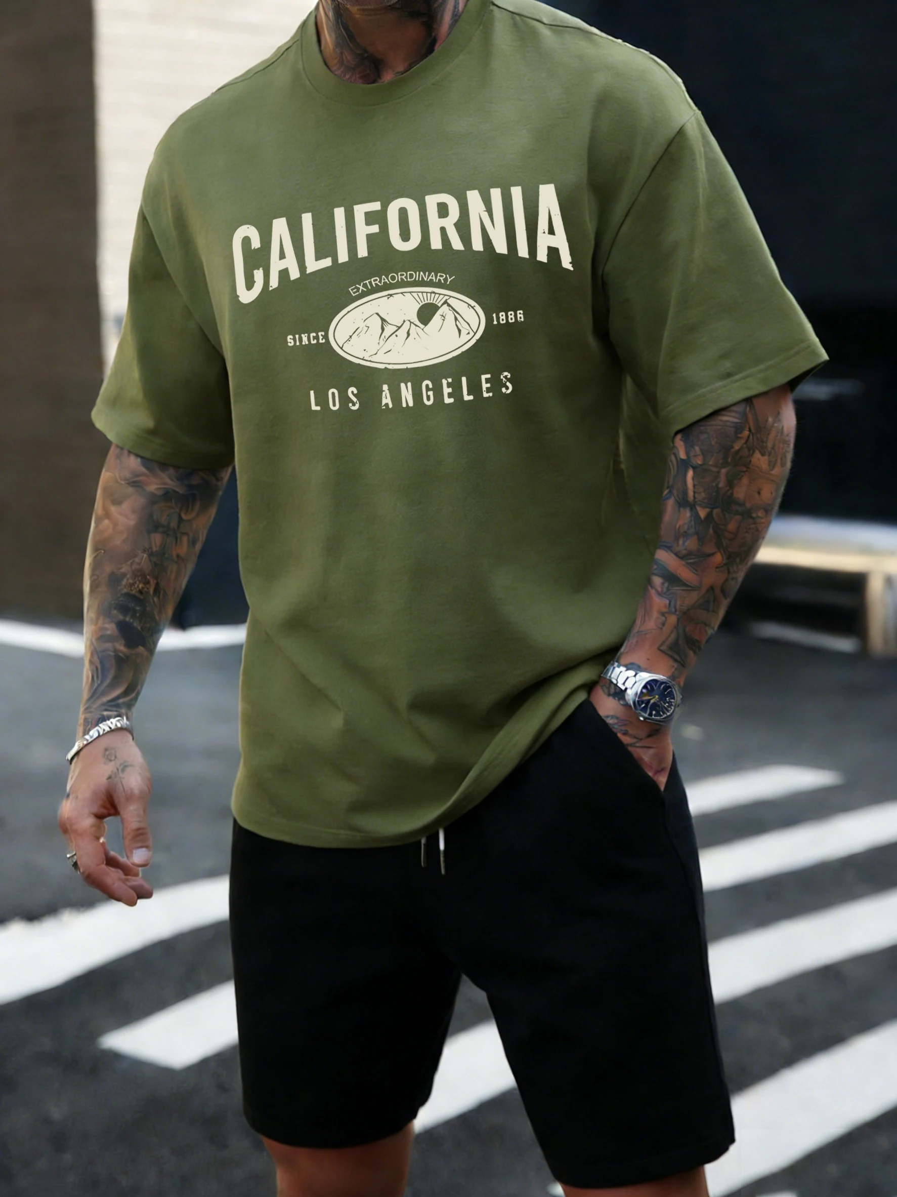 California Extraordinary Since 1886 Herren-T-Shirts, All-Match-T-Shirt aus Baumwolle, O-Ausschnitt, lockere Streetwear, Sommer-Basics für Herren, kurze Ärmel