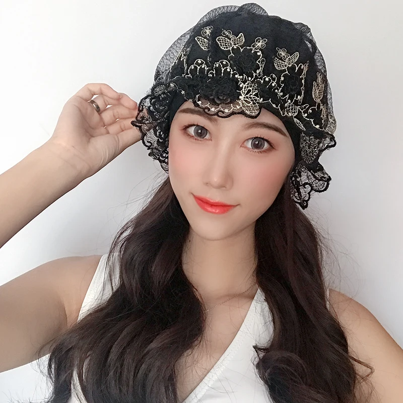 Lace Swimming Caps Women Turban Bathing Cap Korean Lovely Ladies Multi Layer Fabric Long Short Hair Swim Hat Waterproof