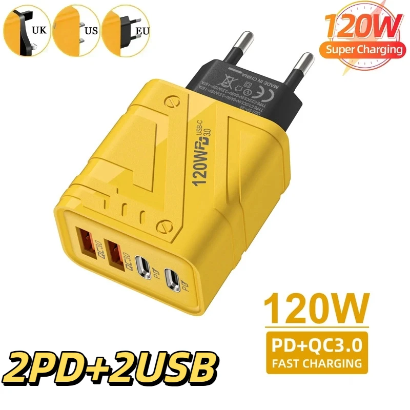 120W 4 Ports Fast Charger Dual USB Type C Quick Phone Charger Adapter For Samsung IPhone 16 15 pro Huawei Xiaomi Charger