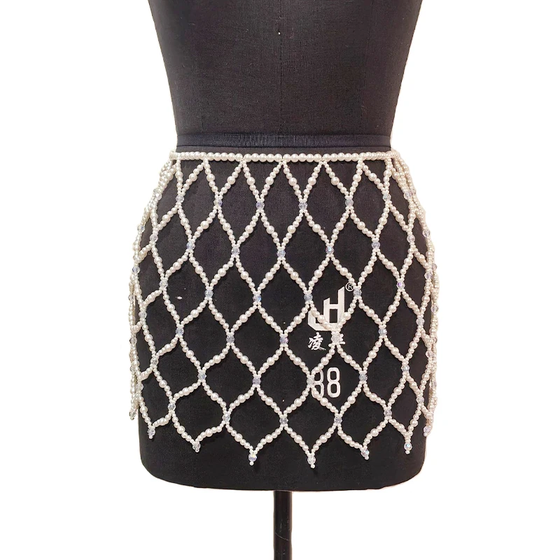 Fotografia 7: Conjuntos de Festa Femininos Feitos à Mão, Saia Mini de Malha com Pérolas Únicas e Corrente Corporal Oca