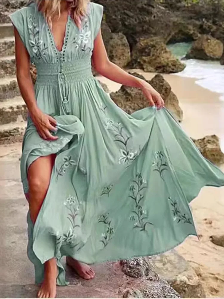 Casual Print V Neck Dress For Women Fashion Sleeveless High Waist Lace-up Loose Long Dresses Lady Holiday Beach Party Boho New