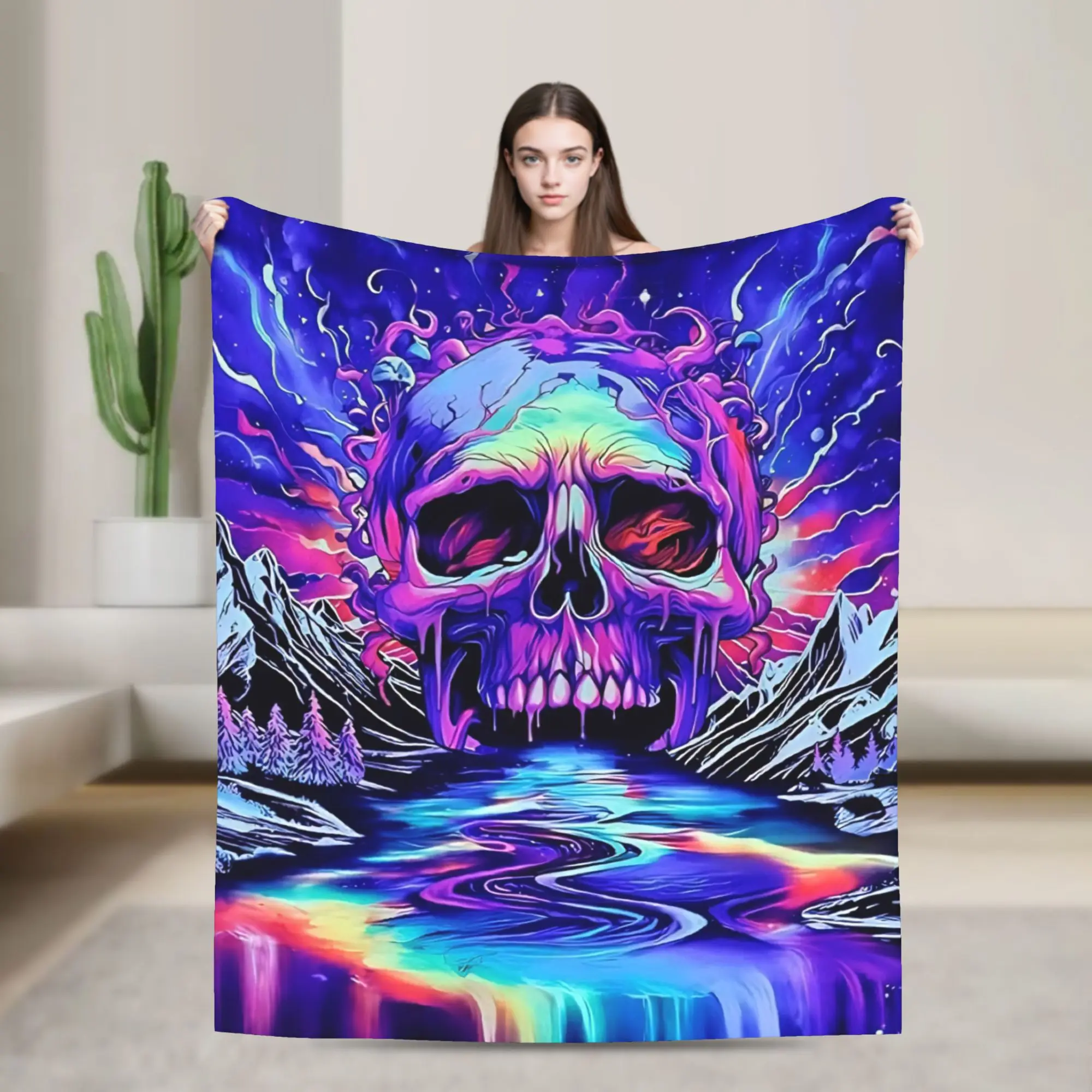 Skull Galaxy Mountain Fleece Throw Blankets Skeleton Halloween Blankets for Sofa Couch Soft Quilt