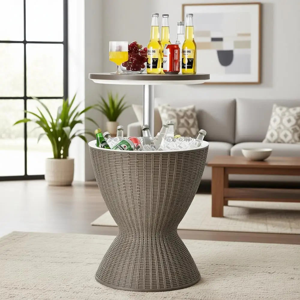 

Всепогодный стол-холодильник для вина из ротанга на 8 галлонов с регулируемой высотой, дренажем и функцией 3-в-1