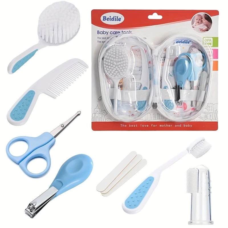 9pcs/set Baby Healthcare & Grooming Kit - Baby Comb, Brush, Finger Toothbrush, Nail Clippers Files, Scissors - Nursery Care Kit