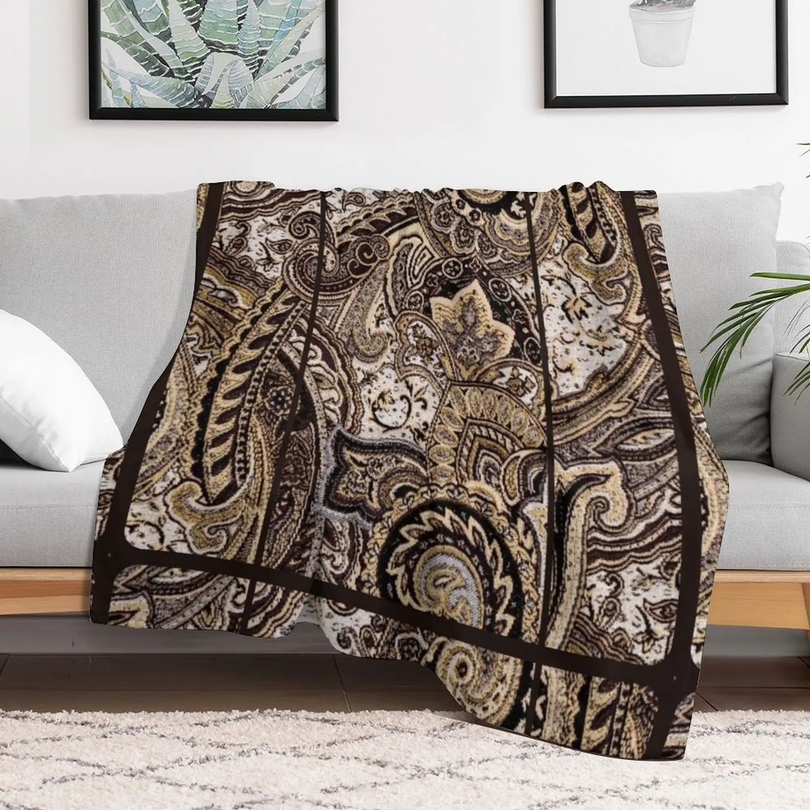 Paisley Tan Brown White Black Abstract Textures Fabric Print Throw Blanket Personalized Gift Tourist Blankets