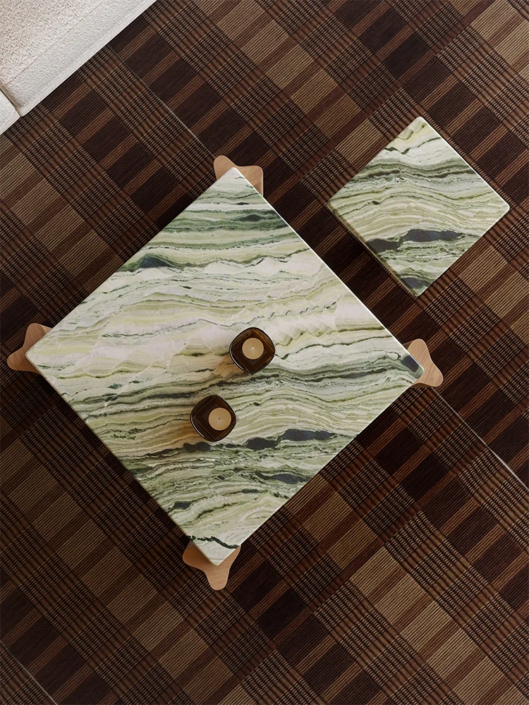 طاولة قهوة مربعة على الطراز الإيطالي - طاولة شاي رخامية فاخرة وبسيطة، طاولة غرفة معيشة من الحجر الطبيعي، قطعة مركزية منزلية حديثة