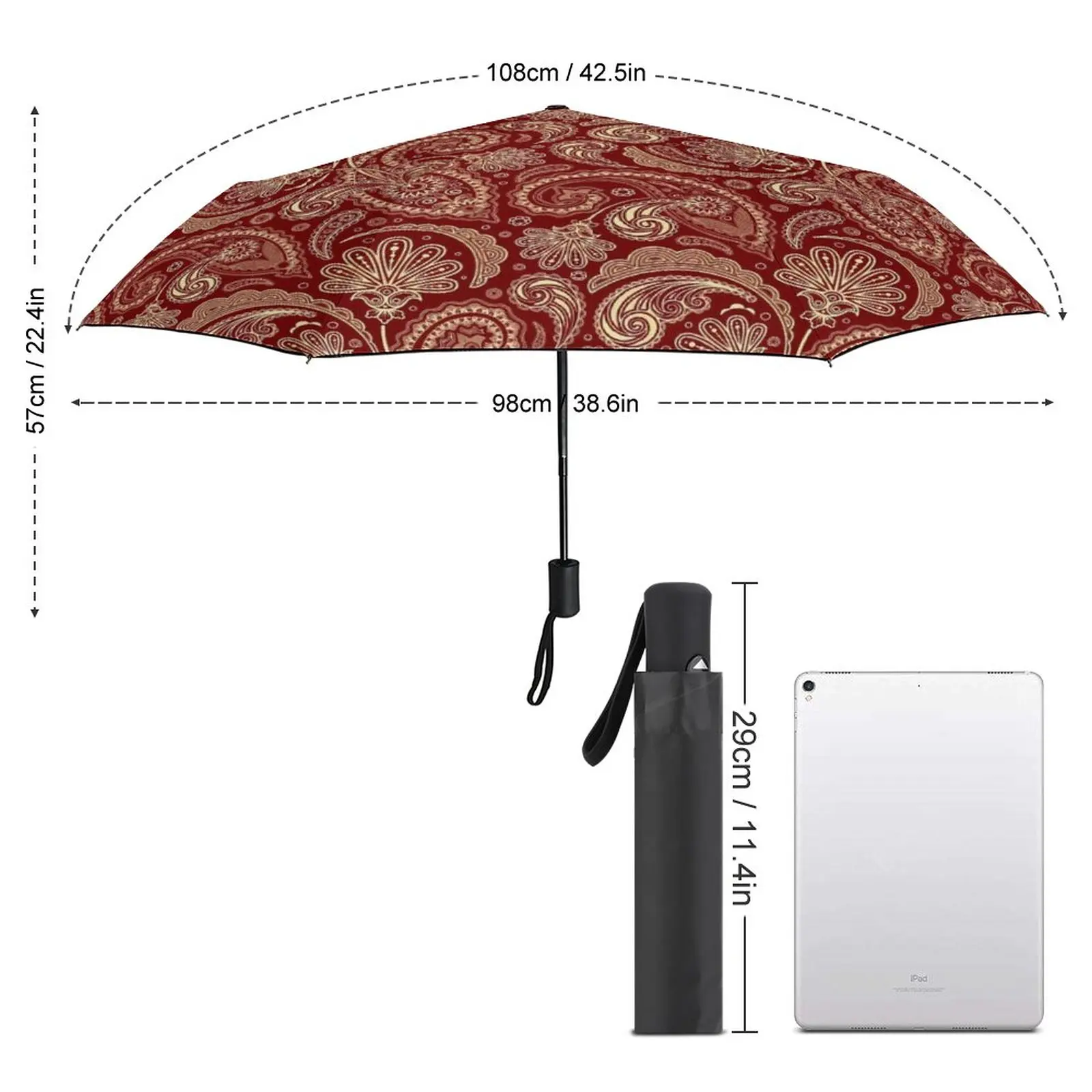 Red Paisley Umbrella Vintage Print Automatic Windshield Umbrella Charm Art Trekking Folding Umbrella