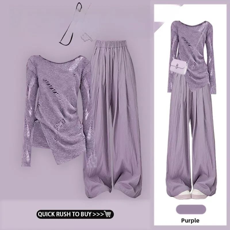 

Повседневные брюки с эффектом похудения, модный универсальный вязаный топ с дырками для женщин больших размеров, удобный свободный крой, весенний наряд