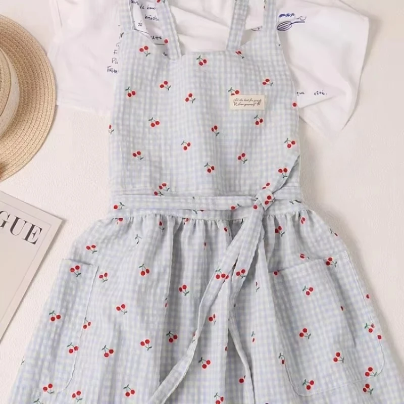 Korean Breathable Thin Apron Cherry Princess Plaid Bubble Cotton Kitchen Home Kitchen Use New Adjustable Straps for Women Girls