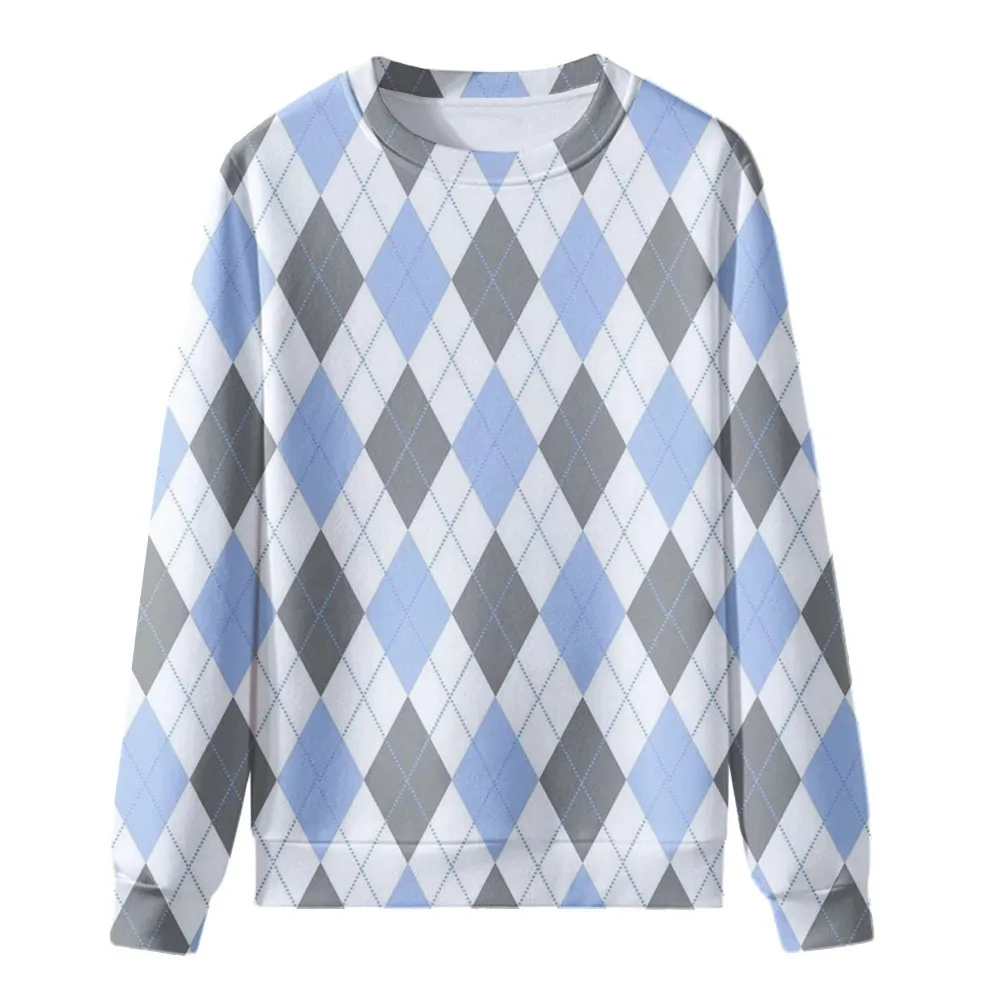 بلوزات جرافيك منقوشة باللون الأزرق والرمادي والأبيض للنساء والرجال ملابس فضفاضة بياقة دائرية وأكمام طويلة بلوفرات عصرية للسيدات سوداديرا للجنسين