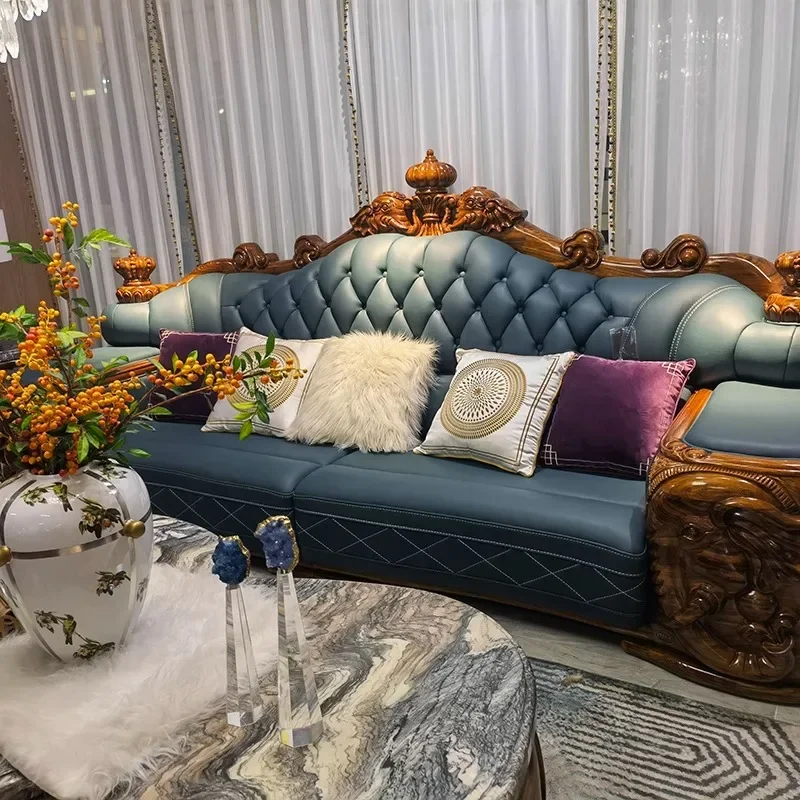 European African ebony wood carving flower leather sofa thickened first layer cowhide villa living room sofa combination