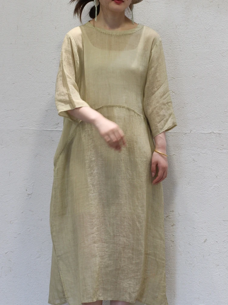 

Ele Wild Cotton Linen Spring Summer Dr Drifting Robe Details Attracting Straight Cut Long Dr Five Sve round Ne