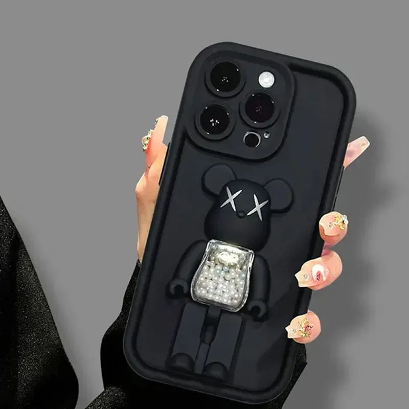 Cute 3D Bear Bracket TPU Phone Case for iPhone 16 15 14 13 12 11 Pro Max XR XS X 8 7 Plus Silicone Shockproof Matte Cover image 5