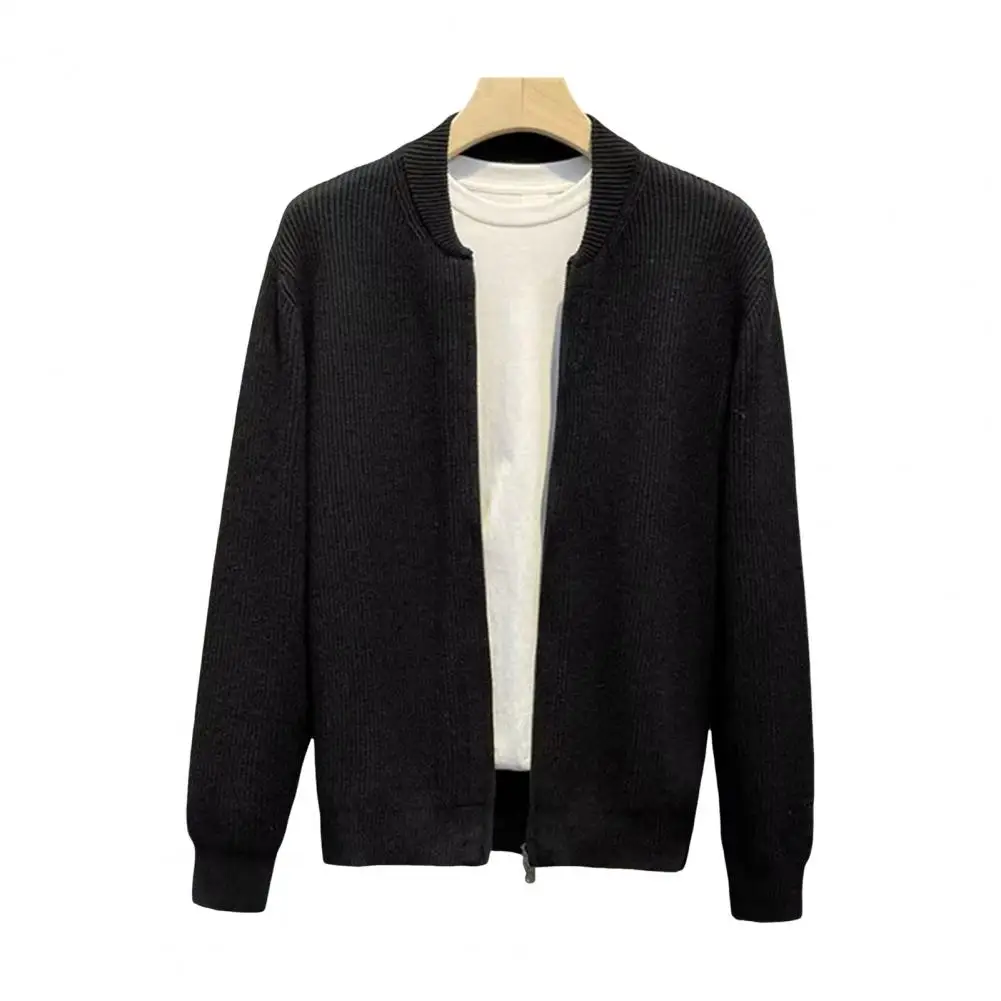 Мужской вязаный кардиган, теплый свитер с двойной молнией в полоску, приталенный свитер, повседневный универсальный трендовый свитер с бейсбольным воротником, пальто