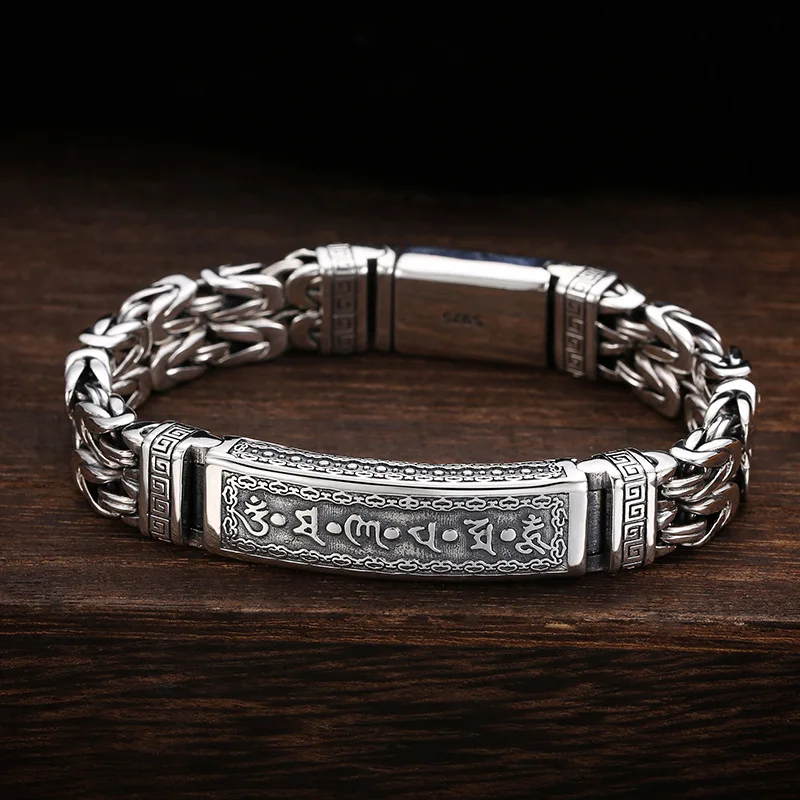 S925 Sterling Silver Men's Personality Six Character True Word Peace Pattern Bracelet Thai Silver Retro Trendy Retro Emblem Buck