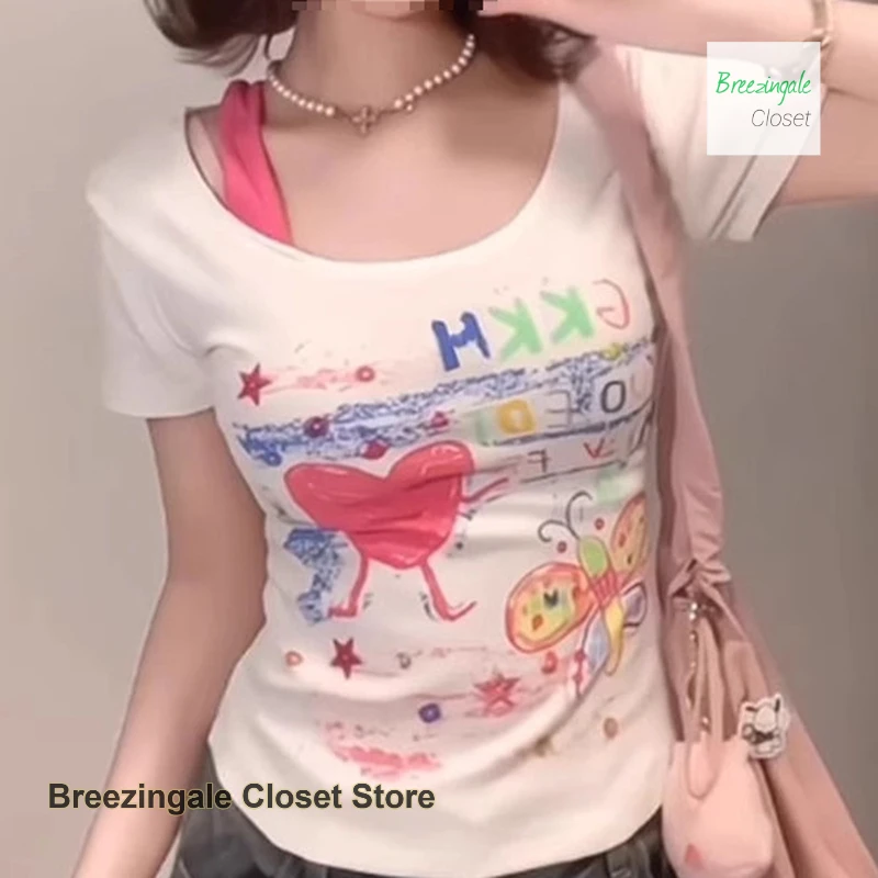 

American sweet fashion design shoulder short sleeve T-shirt women's summer graffiti printing slim and versatile design short top