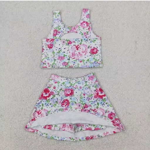 ملابس فتاة وردية نشطة للأطفال الصغار بأكمام قصيرة قميص شورت تنورة ملابس أطفال شورتات مكشكشة مجموعة ملابس وردية