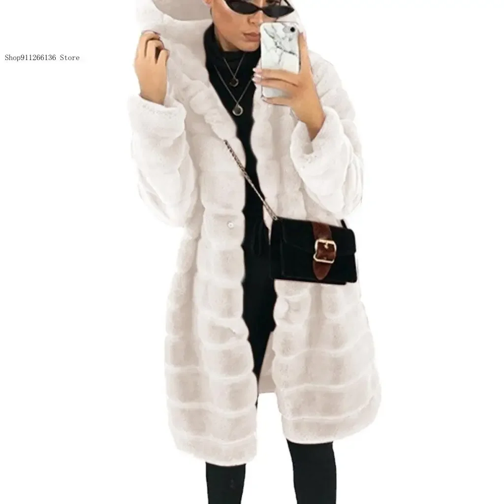 Autumn and Winter European and American Black Loose Korean Version Plush Thick Hooded Imitation Mink Fur Coat for Women