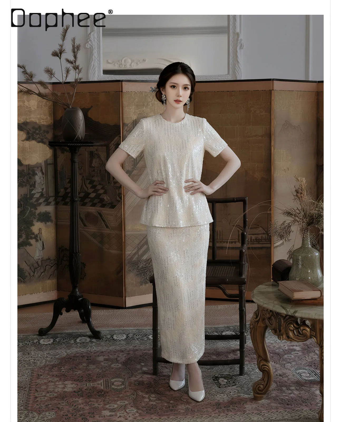 

New Chinese High-end Heavy Industry Sequined Round Neck Short-sleeved Top High Waist A-line Skirt Light Luxury Celebrity Sets