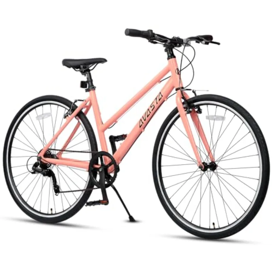

Women's 700C road bike with step-through aluminum alloy frame, kickstand, 7-speed drivetrain, lightweight design, available in