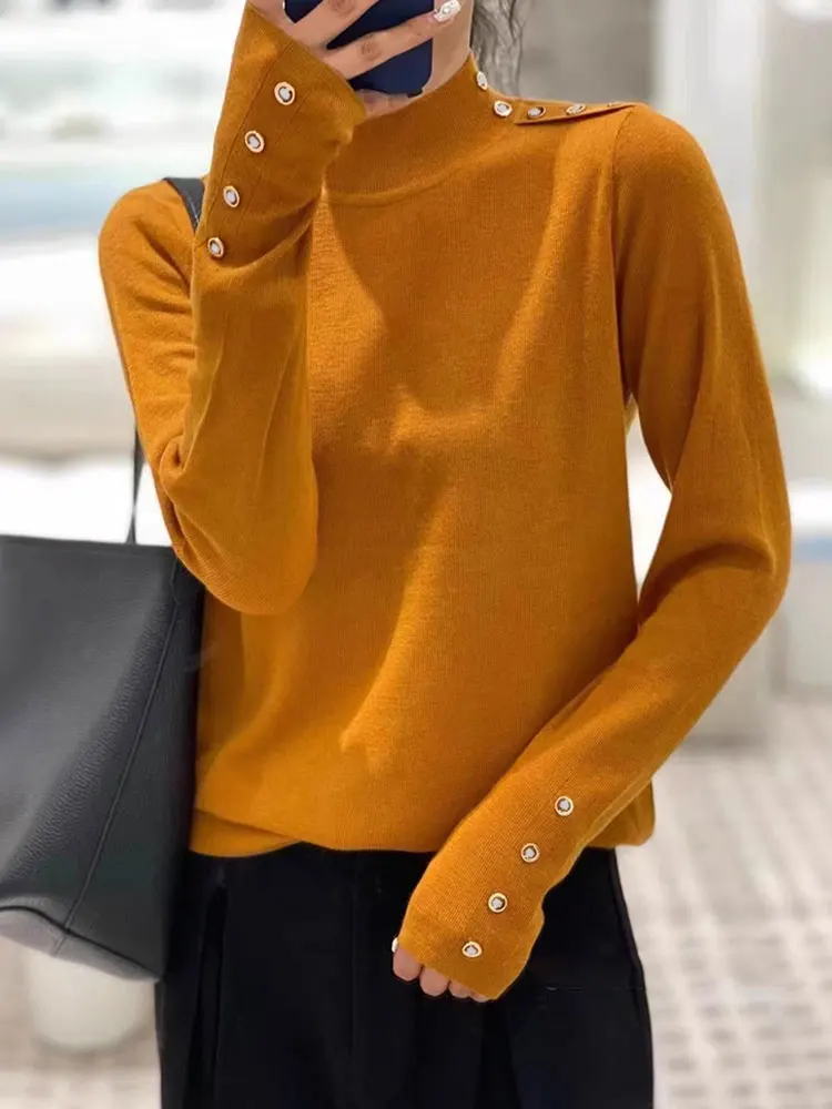 

Yellow Long Sve Base irt Slim Fit Casual Overhead Inner Wear Autumn Winter New Sle Commute Top Women's Knitted Sweater