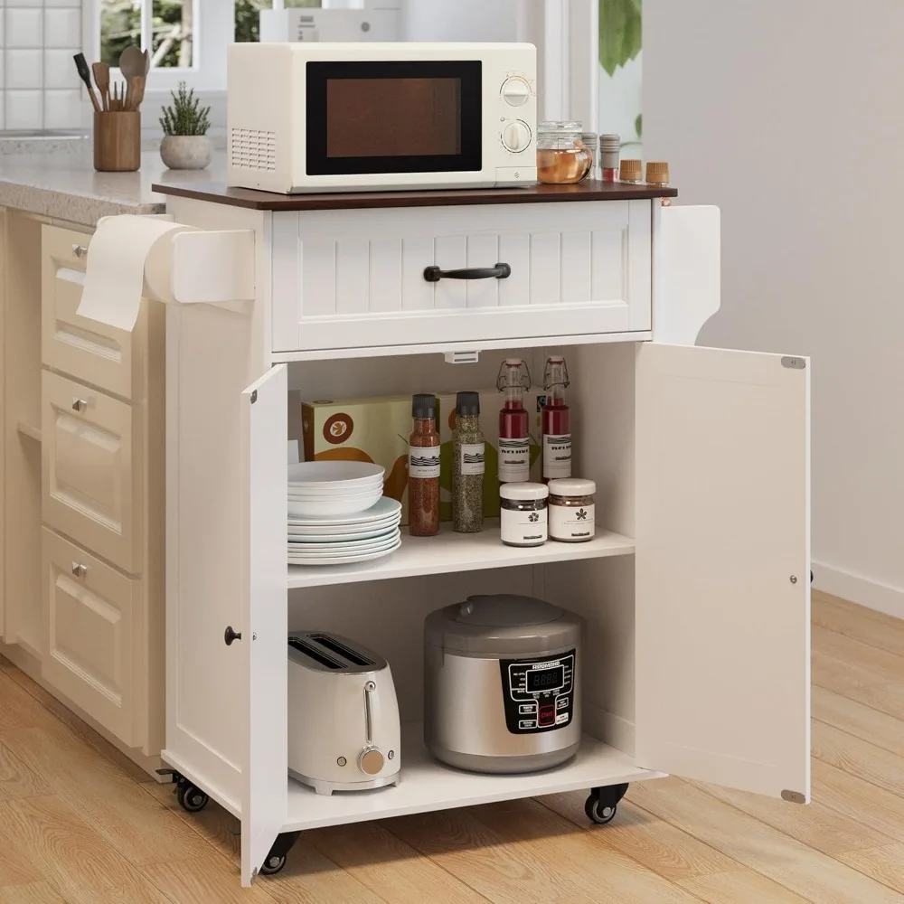 عربة جزيرة المطبخ جيسون بيضاء 33 واسعة مع رف قابل للتعديل وعربة متنقلة على عجلات معدنية ودرج وخزانة تخزين