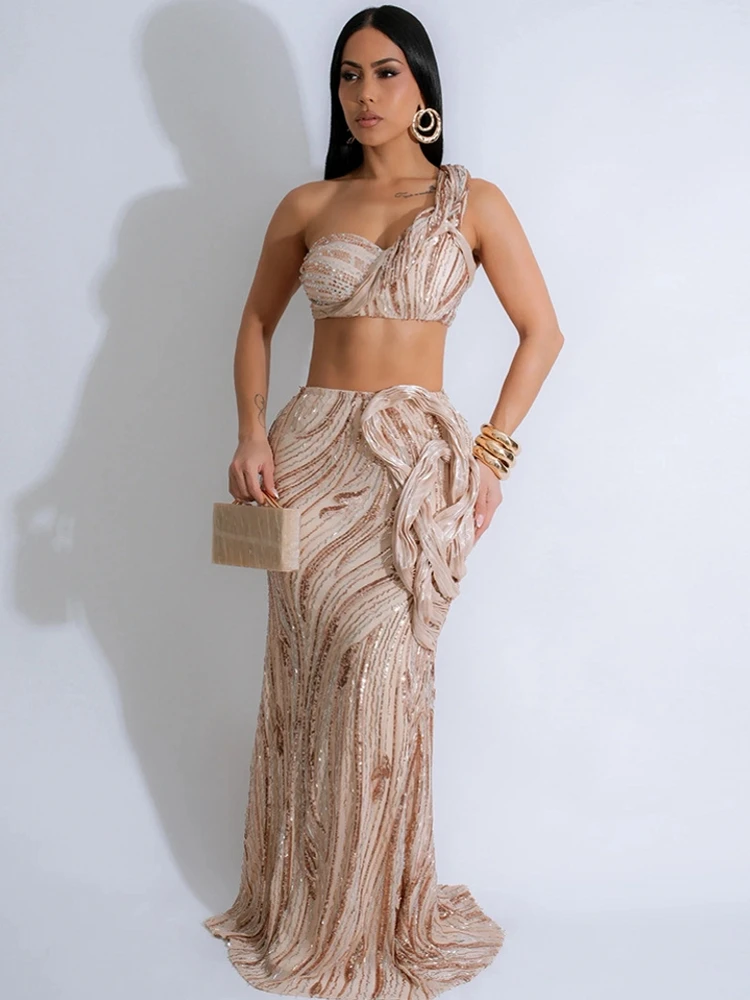 

2 Piece Set Women 2025 Spring Summer Sequin Sleeveless One Shoulder Tops And Maxi Skirt Suits Mujer Matching Sets Jacket Outfit