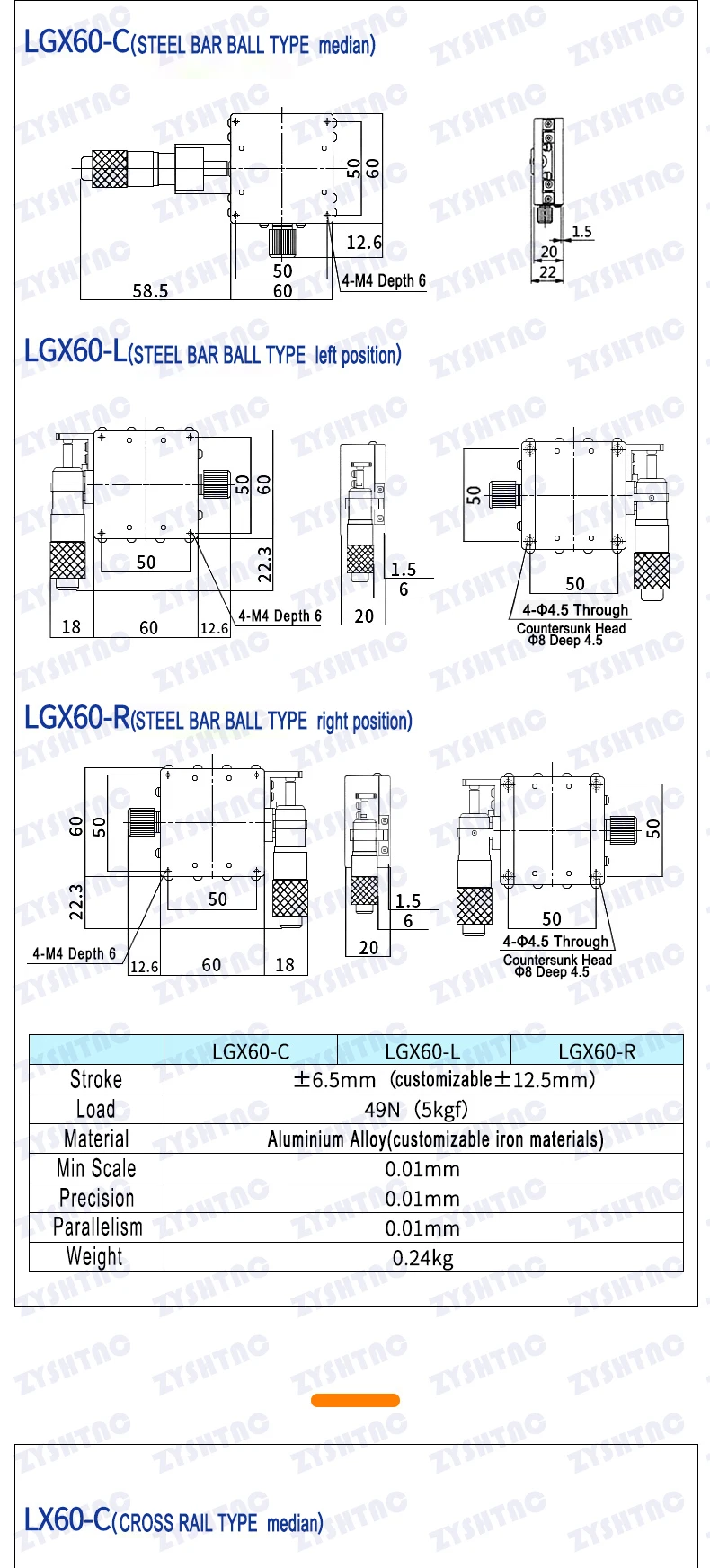 X-Achse XY-Achse LGX40/60 LGY40*40 60*60 Drehknopf-Mikrometer Schiebetisch mit Führungsschiene, manuelle Verschiebung, Plattform, Schiebetisch – Detail 7
