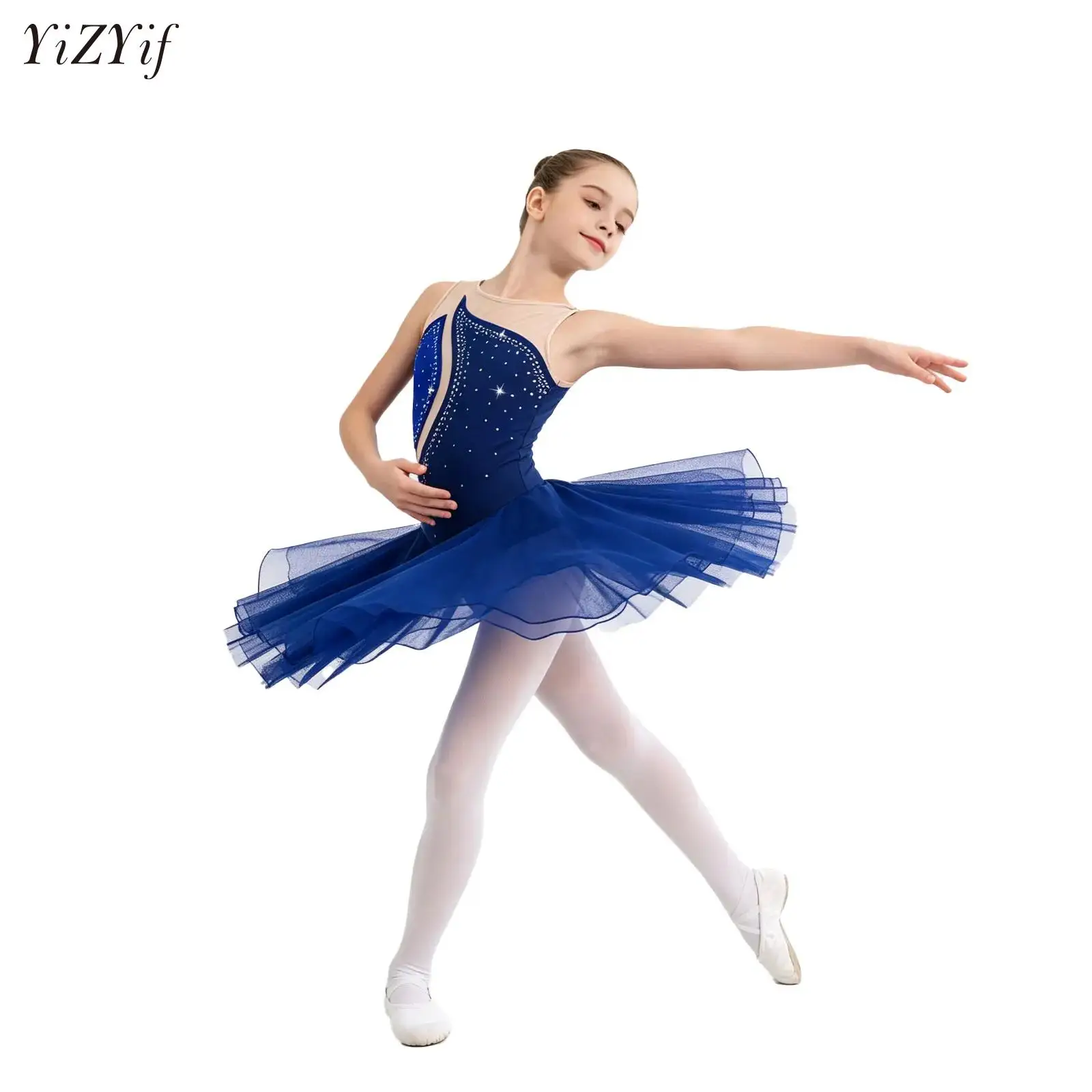 Maillot de Ballet con Pedrería para Niñas, Vestido de Patinaje Artístico sobre Hielo, Falda de Malla sin Mangas, Tutú de Ballet, Disfraz de Competición