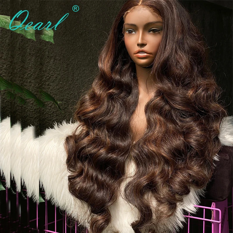 High Density 400% Thick Human Hair Lace Frontal Wig 13x4 Dark Light Brown Highlights Women Lace Front Wigs 500% 30 inchs Qearl