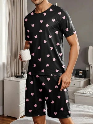 

Men's pajama set with heart-shaped prints, comfortable summer clothing