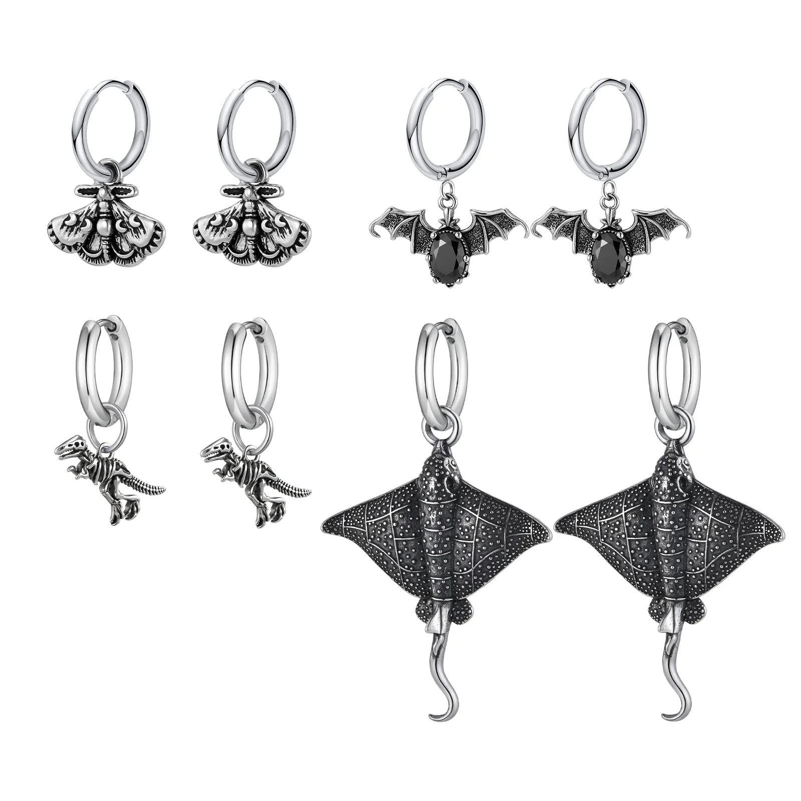 Gothic Vintage Fledermaus Motte Anhänger Ohrringe für Männer männlich, Mode Dinosaurier Edelstahl Tropfen Ohrringe, Punk Piercing Schmuck