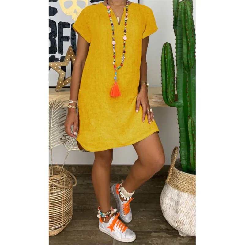 

Yellow Pullover Dress 2024 Spring And Summer Women's New Loose Short Sleeved V-neck Pullover Solid Color Casual Irregular Dress