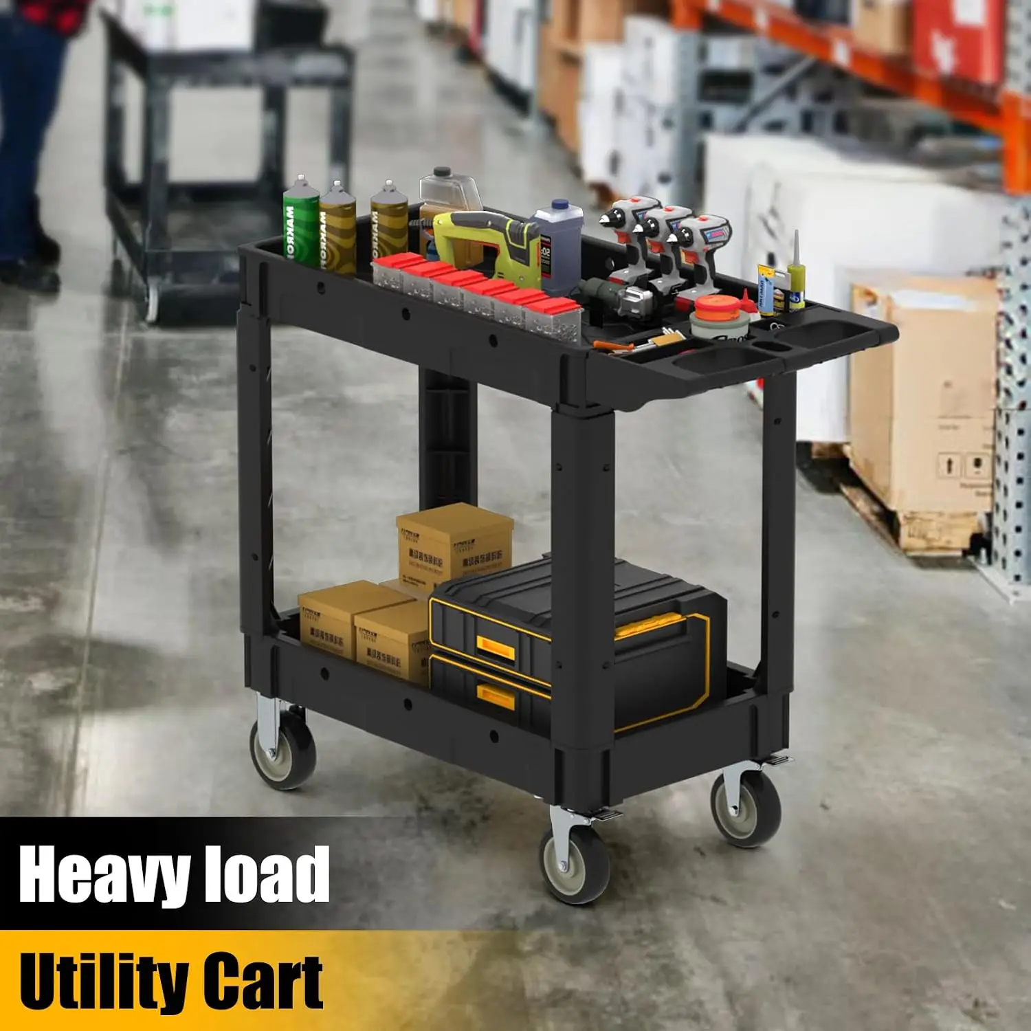 2 Tier Heavy Duty Utility Cart with Wheels, 1000 lbs Capacity Flat Top Plastic Rolling Tool Cart with Lipped Shelves, 46 X 26-Inch Mechanic Work Cart for Warehouse, Garage, Cleaning, Black