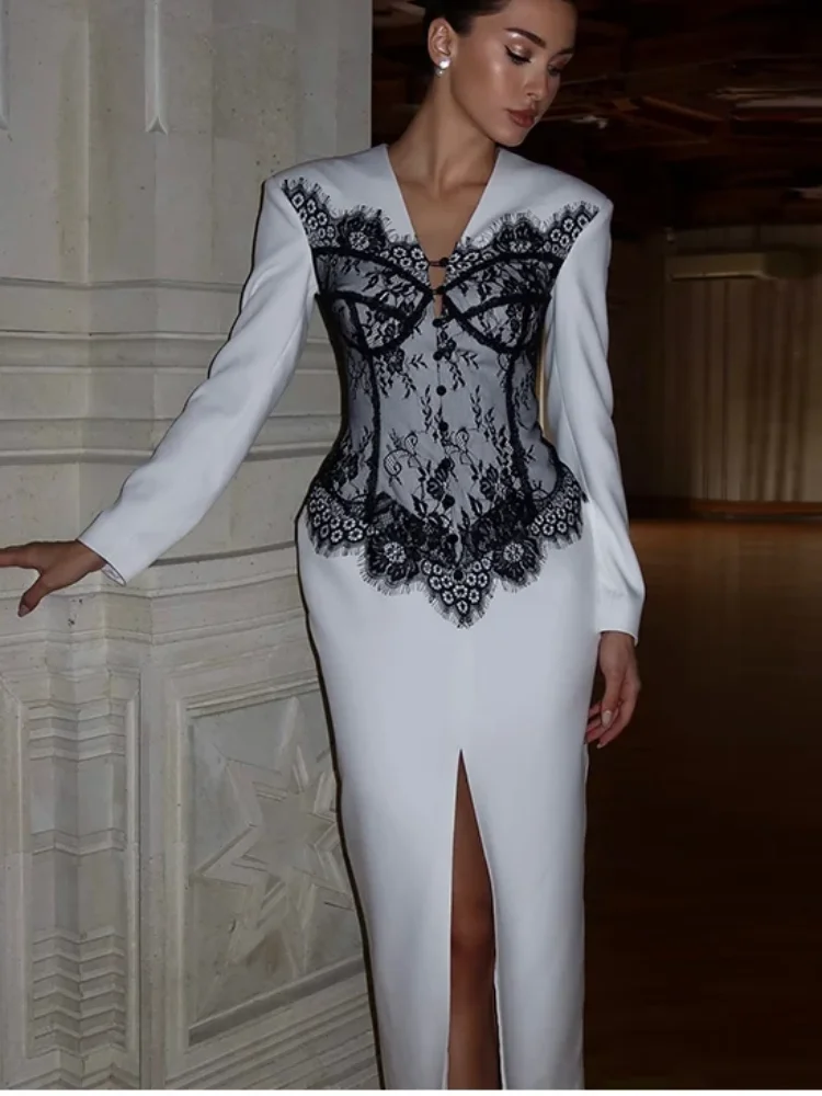 

Fashion Solid Lace Patchwork V-neck Long Dress Women Waist Cinched Slit Long Sleeved Dresses Lady Evening Party Gown 2025 New