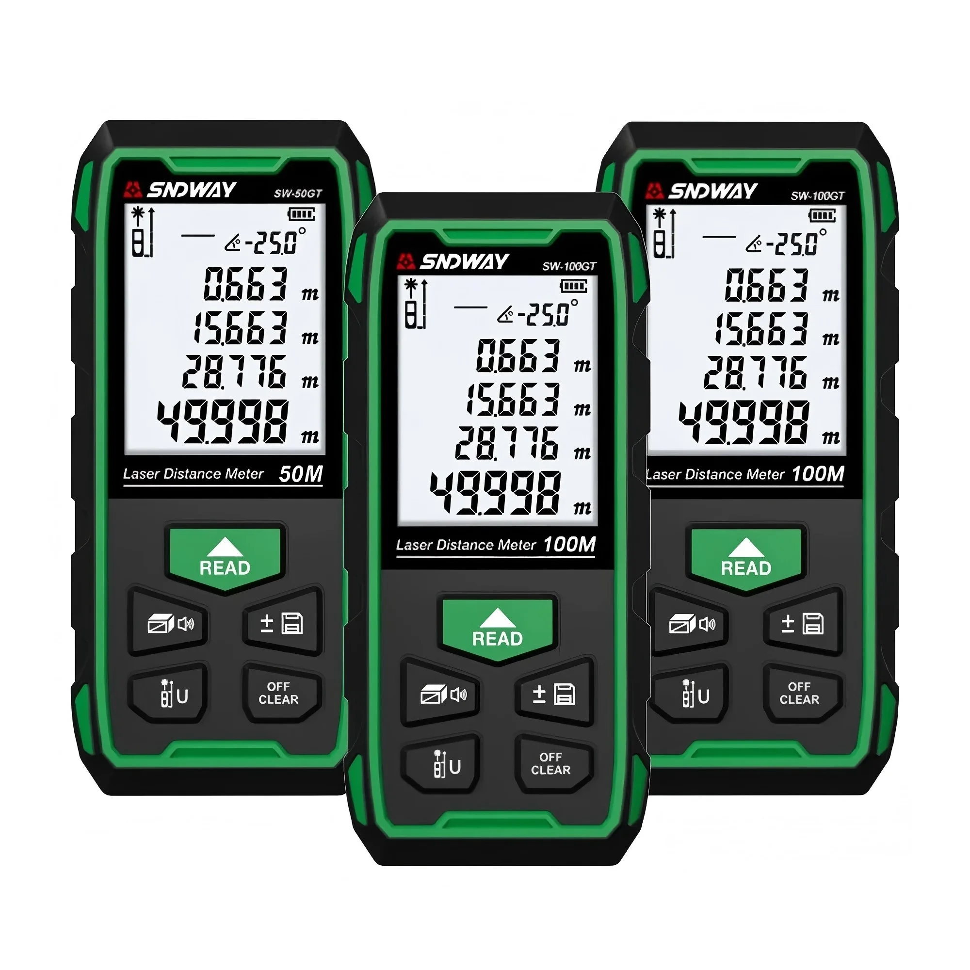 

Лазерный дальномер SNDWAY SW-50/70/100GT, профессиональный цифровой лазерный измеритель расстояния, перезаряжаемый, с зеленым лазером