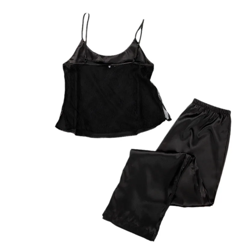 Conjunto de dos piezas de encaje negro para mujer, tops y pantalones con tirantes finos, ropa informal para el hogar, primavera y otoño, 2024