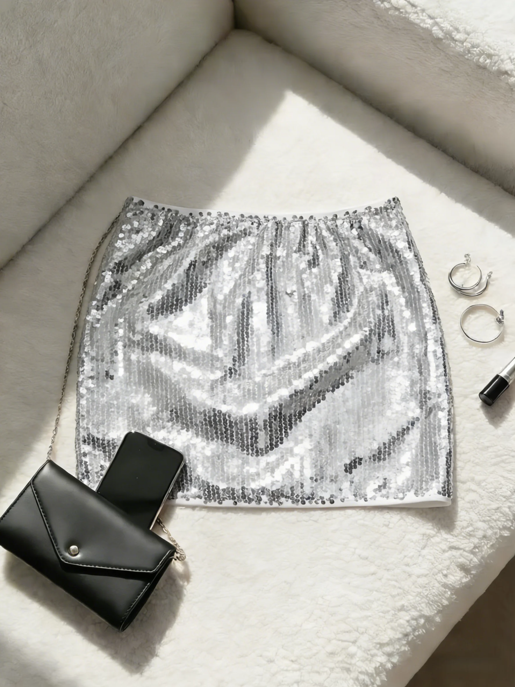 Damen Pailletten-Minirock mit elastischem Bund, schmal geschnitten, figurbetont, kurzer Rock, glitzernd, für Party, Club, Nacht, sexy, Y2K, Basic-Rock – Detail 6