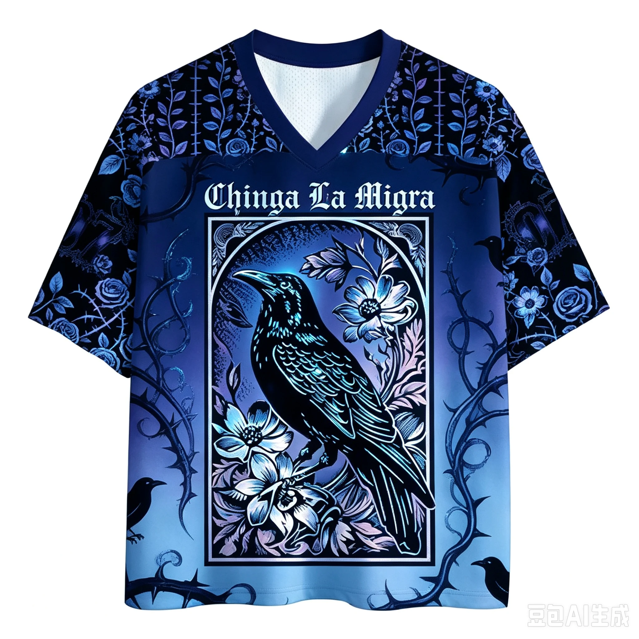 Retro Dark Raven Bird Flower Thorn Frame V‑Neck Tee Unisex Occult Witchy Aesthetic Goth Street Fashion Loose Short Sleeve Shirt
