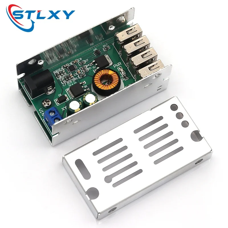 Stlxy DC-DC DC 9-36V to 5V 5A Step Down Buck Converter Power Supply Module Voltage Regulator Transformer Board 4 USB with Case