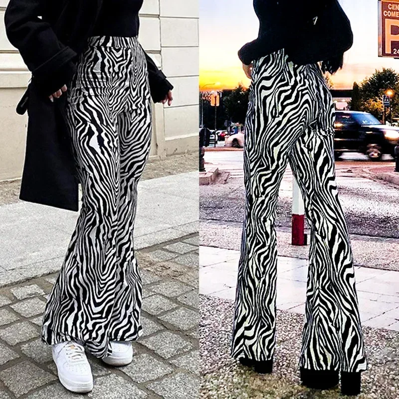 

2024 New Autumn New Elastic Waist Zebra Print Elastic Casual Micro Flare Pants Women Sweatpants Casual Streetwear Y2K