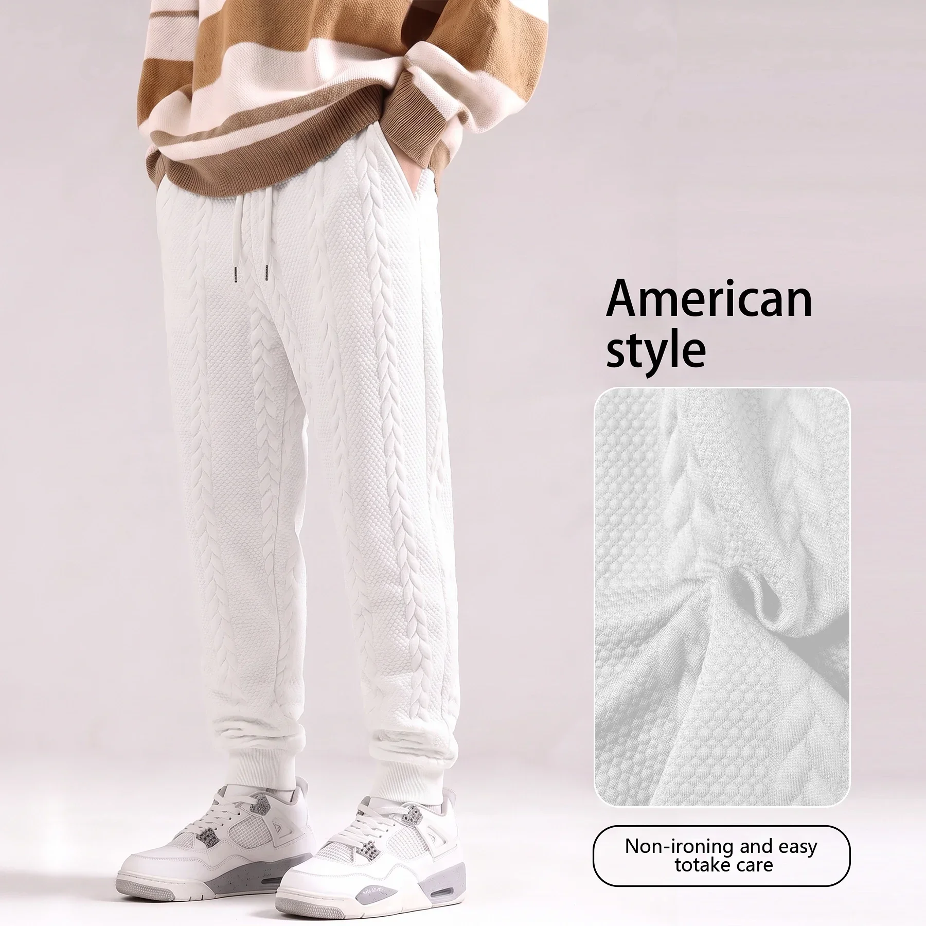 Men Cable Knit Sweatpants Elastic Drawstring Waist Jogger Pants Cuffed Casual Trousers American Streetwear Warm Pants