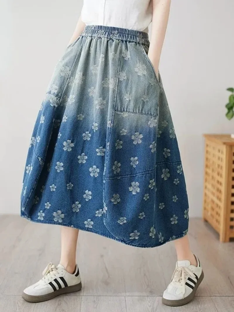 Women Gradient Jacquard Denim Skirt For Spring And Aummer, Slimming And Artistic Temperament Versatile Floral Bud Skirt W1415