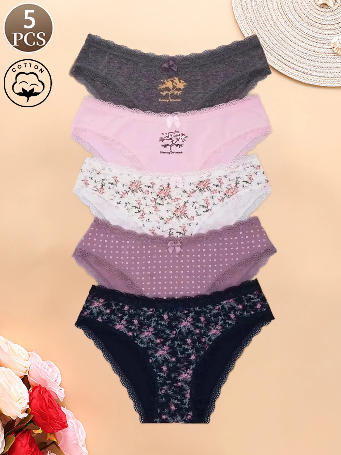 5PCS Women's Panties Cute Lace Bow Penties Printed Pure Cotton Soft And Comtortable Penties Sports And Casual Panties