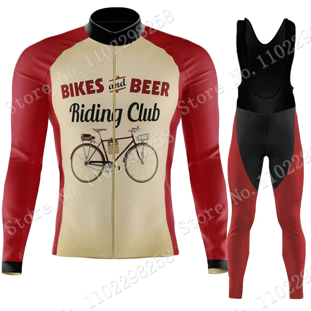 Winter Beer Riding Club Vintage 2023 Cycling Jersey Set Thermal Fleece Retro Clothing Long Sleeve Road Pants Bib Bike Suit MTB